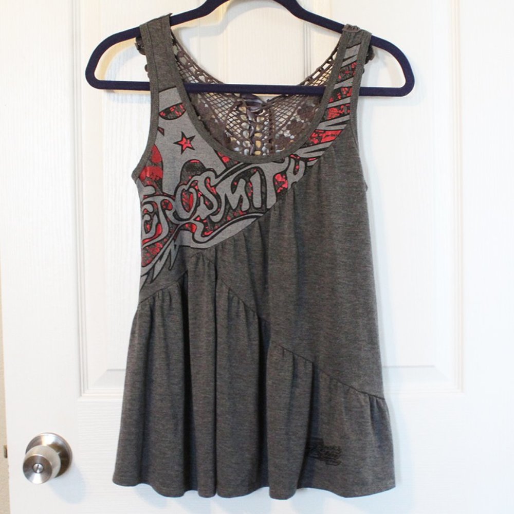 Aerosmith Gray Band Tank with Crochet Lace Up Back